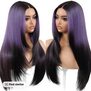 Purple and Black Women's Staight Layered Hair Lace Front Wig  Glueless